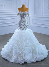 White Mermaid Organza Beading Crystal Wedding Dress